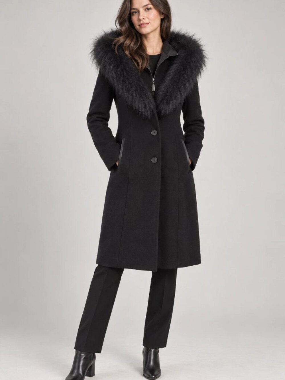 Mackage Andie Womens L DarkBlue Wool Coat Asiatic Raccoon Fur Hood Long Montreal